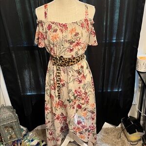 Floral Off-Shoulder Dress with Leopard Belt